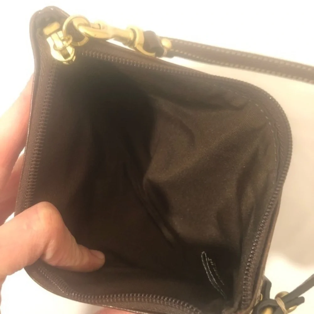 Coach brown multi texture patchwork wristlet bag